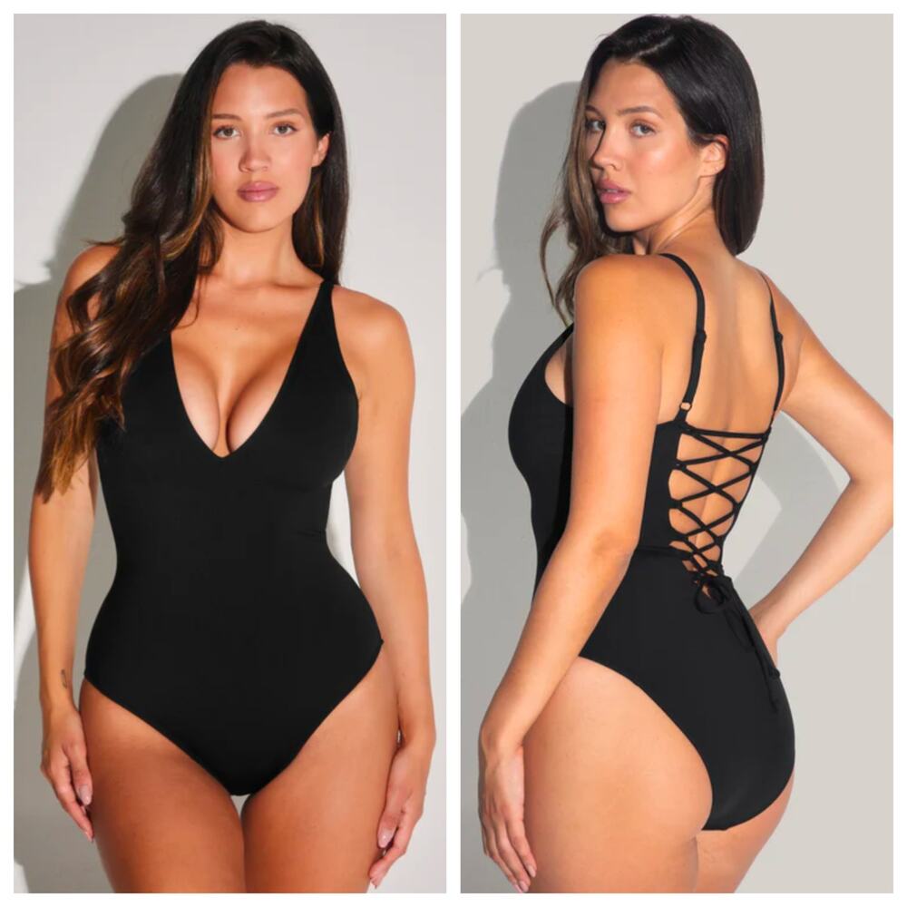 TA3 Black Plungey One Piece Swimsuit Large Short Lace Up Back NWT